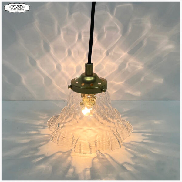 Oud glazen hanglampje met messing glashouder en fitting - Afbeelding 7