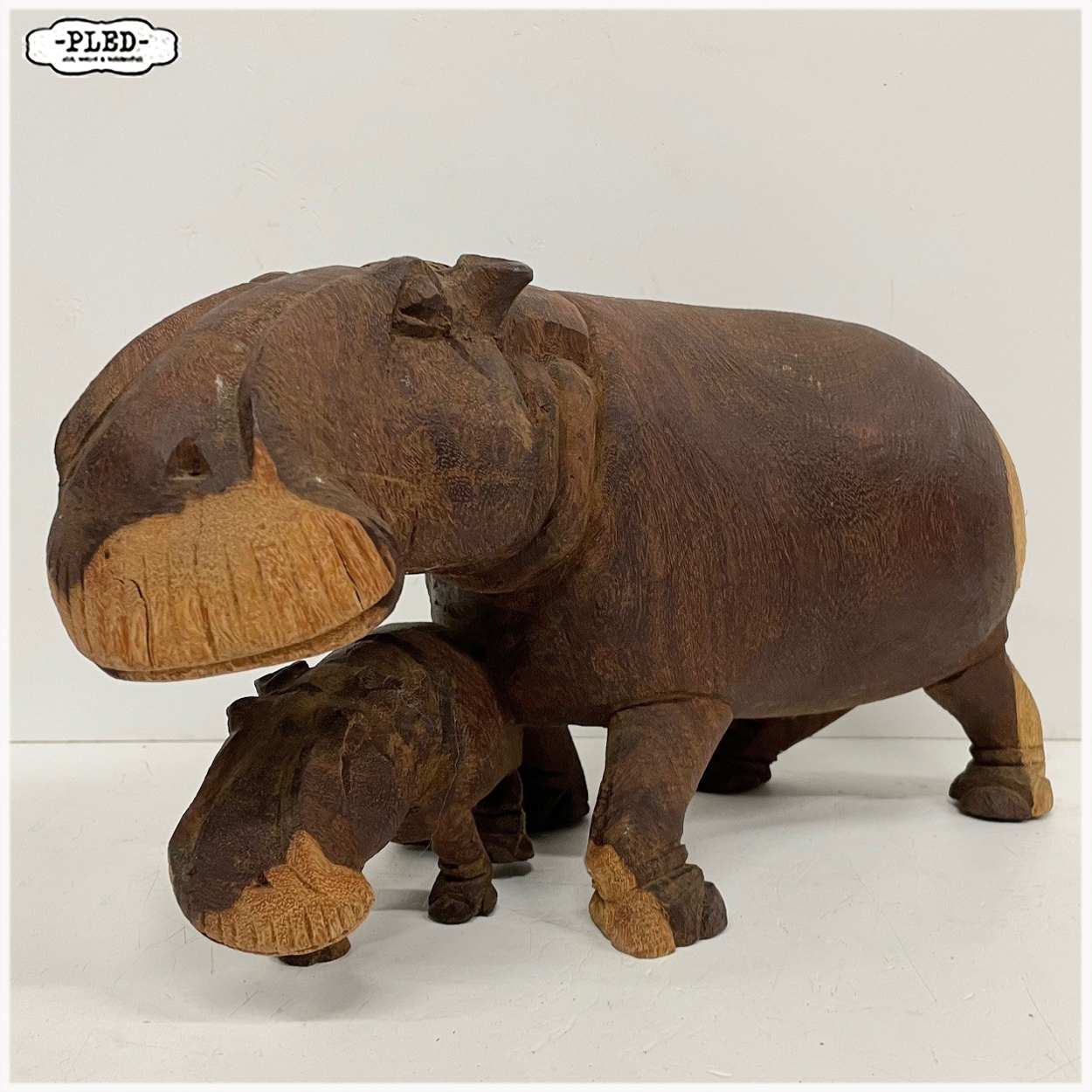 Houten beeld van moeder nijlpaard met haar kalf - Afbeelding 4