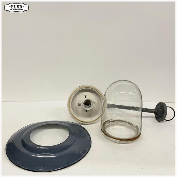 Vintage muurlamp met geëmailleerde kap en schutglas - Afbeelding 11