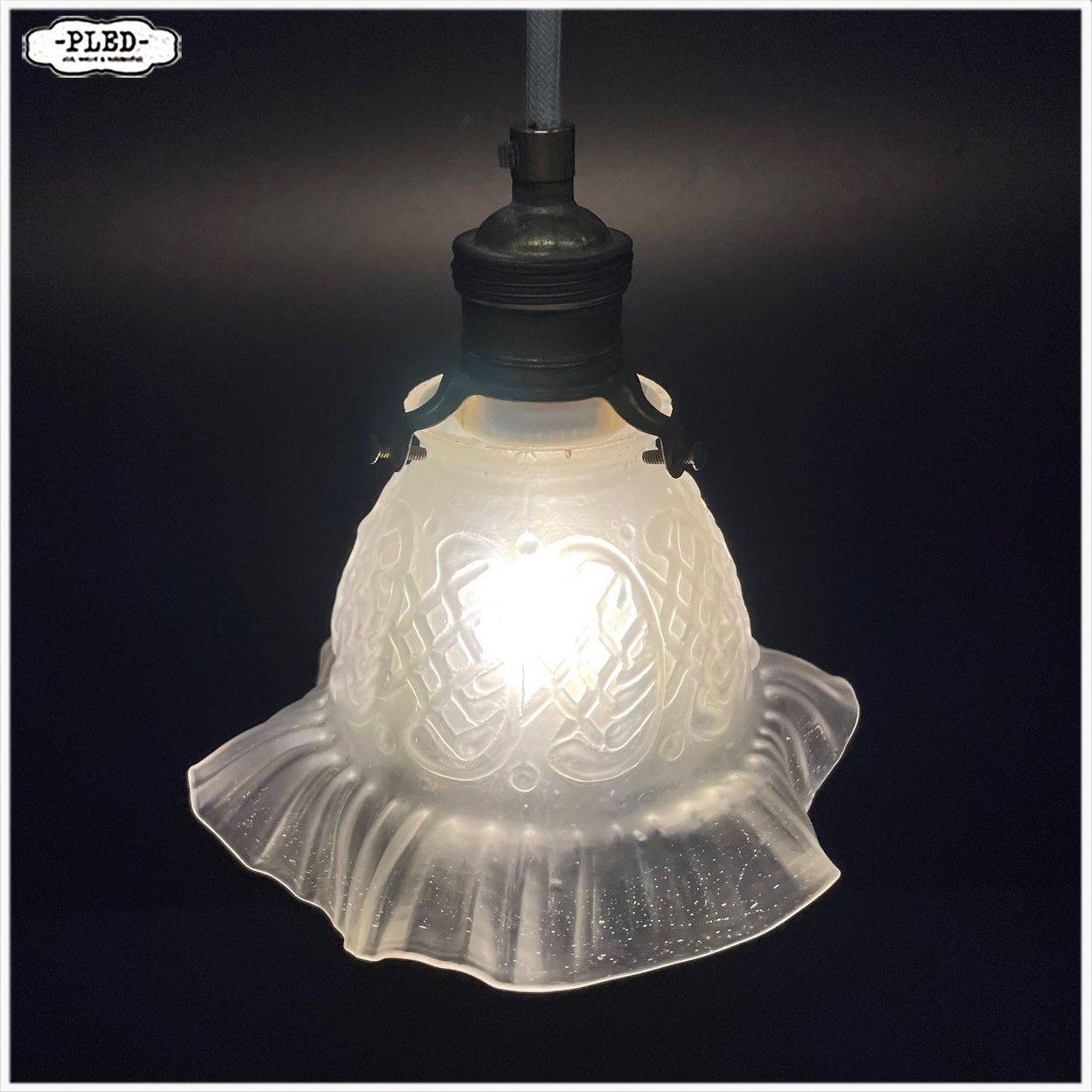 Vintage, matglazen hanglampjes met katoenkleurig snoer - Afbeelding 11