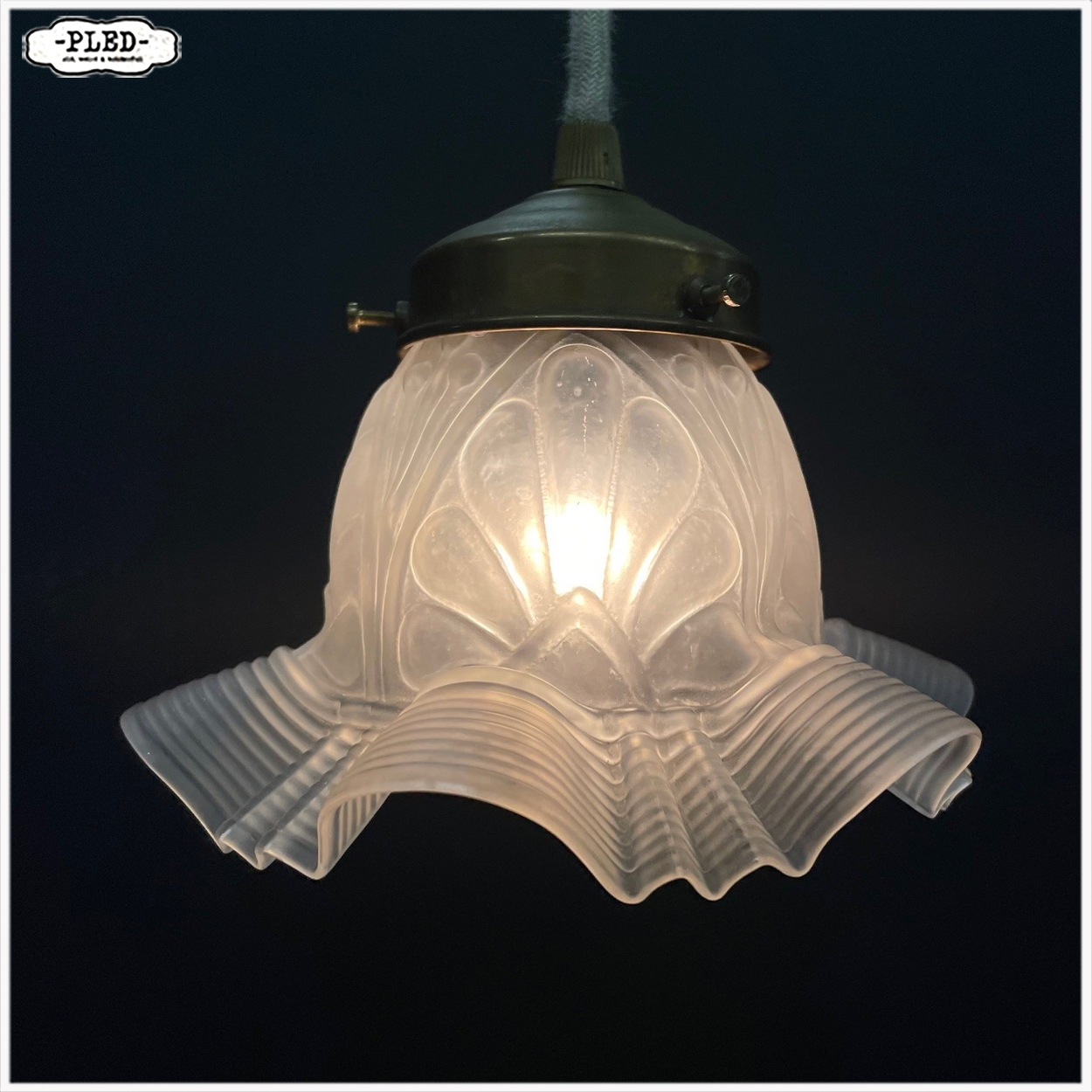 Vintage matglazen hanglampje met katoenkleurig snoer - Afbeelding 6