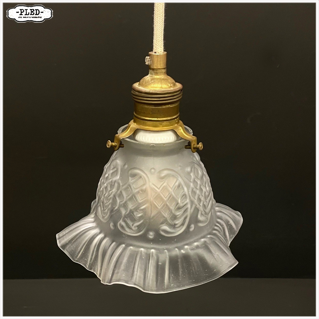 Vintage, matglazen hanglampjes met katoenkleurig snoer - Afbeelding 3