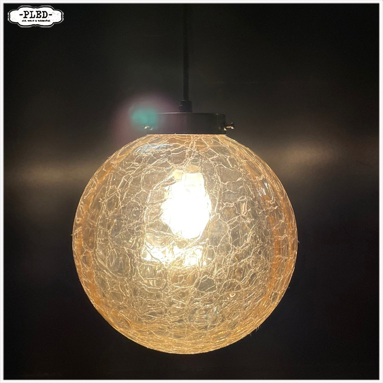 Vintage glazen pendellamp met ‘crackled glass’ bol - Afbeelding 2