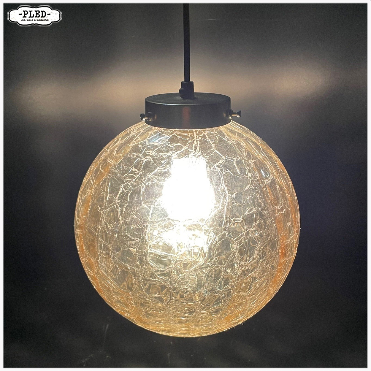 Vintage glazen pendellamp met ‘crackled glass’ bol - Afbeelding 3