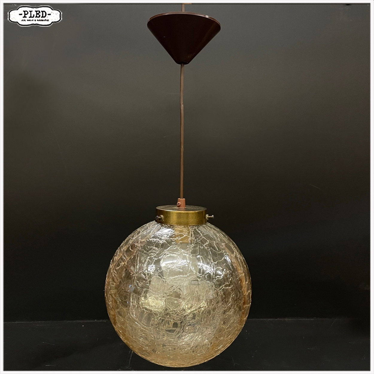 Vintage glazen pendellamp met ‘crackled glass’ bol - Afbeelding 4