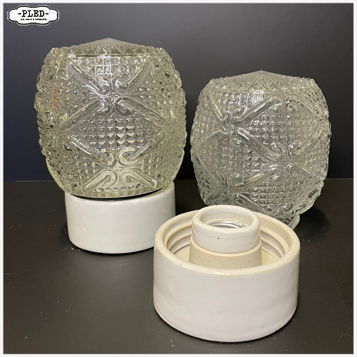 Porseleinen plafondlamp met glazen kap - Afbeelding 4