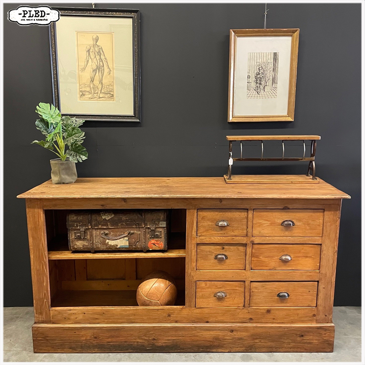 Oude, grenen toonbank met zes lades - Afbeelding 3