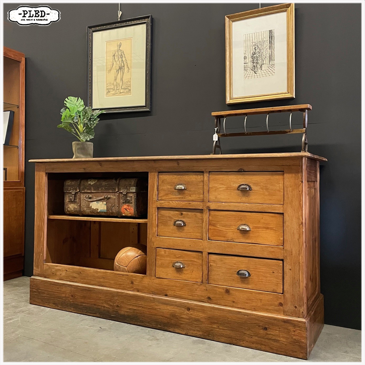 Oude, grenen toonbank met zes lades - Afbeelding 5