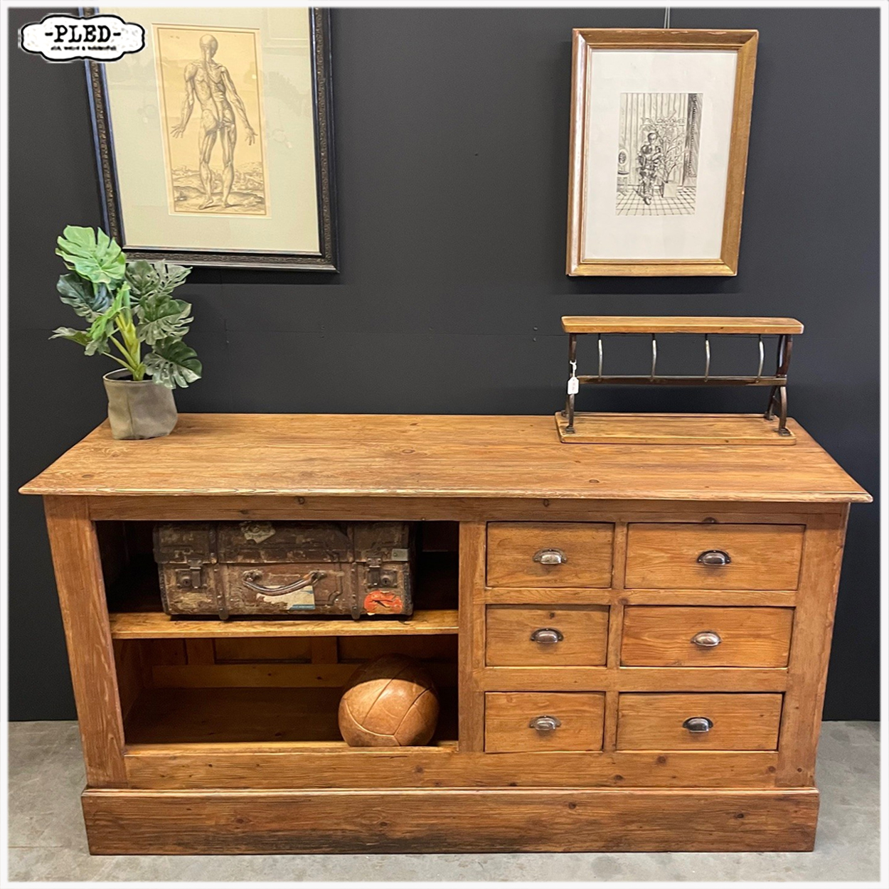 Oude, grenen toonbank met zes lades - Afbeelding 4