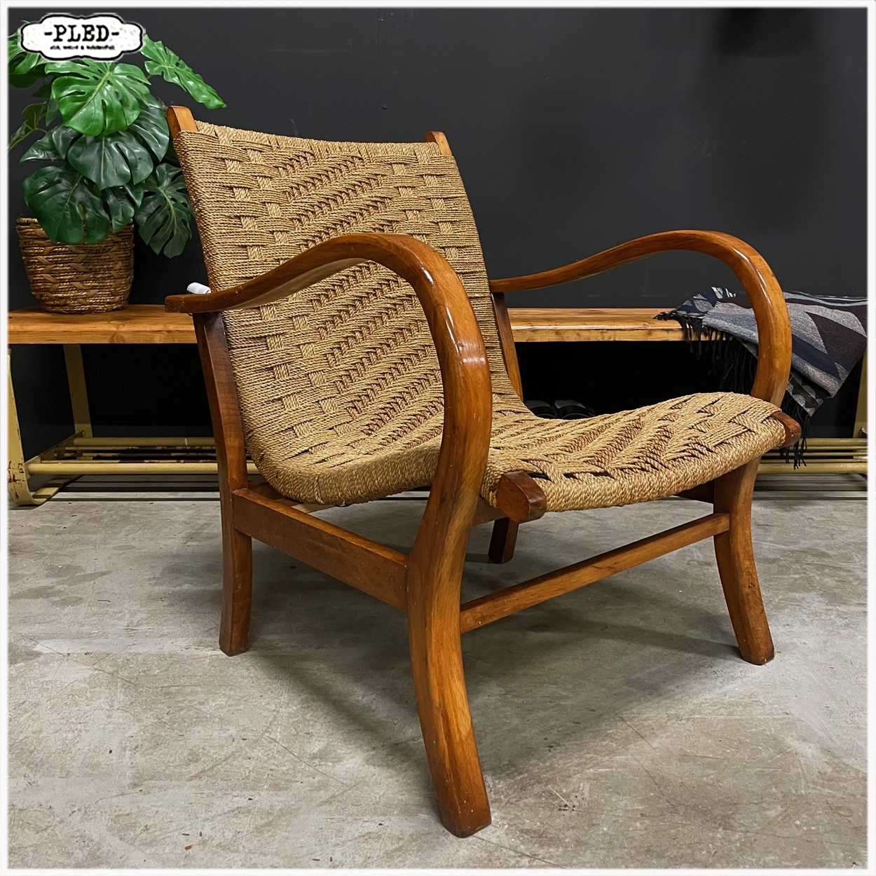 Bauhaus loungestoel van beukenhout en touw, Erich Dieckmann, Duitsland jaren 30