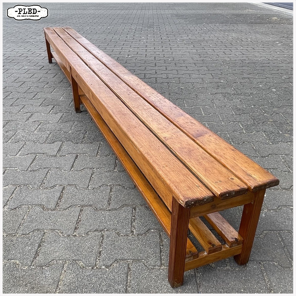 Vintage houten gym bank, 303 cm