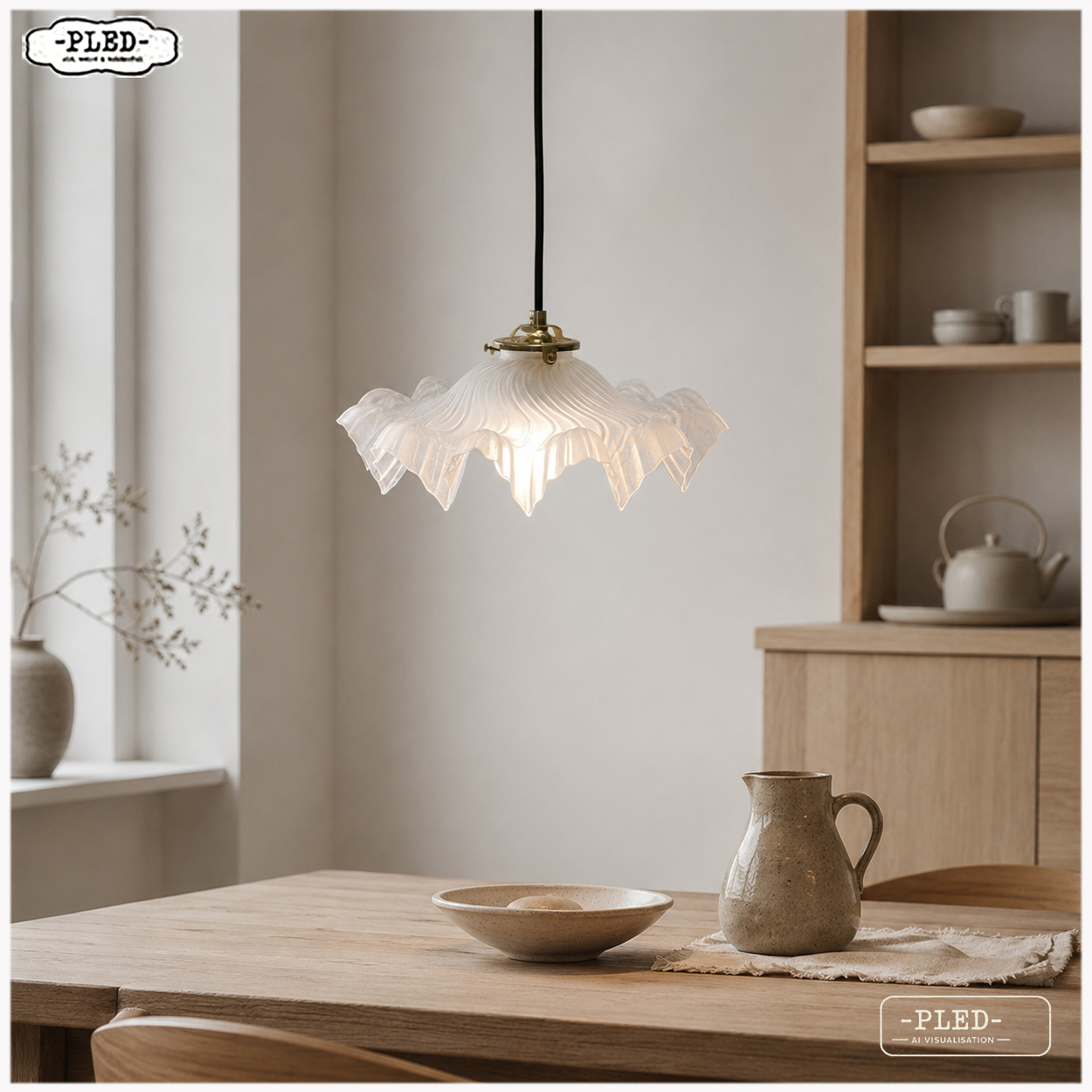 Sierlijke, vintage glazen hanglamp, Frankrijk - Afbeelding 3