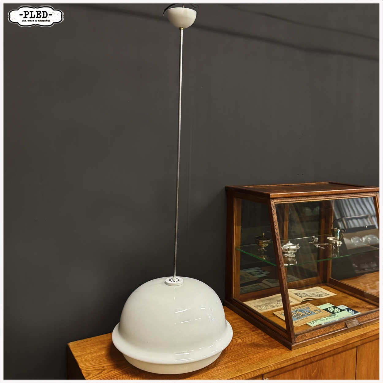 Grote vintage opaline pendellamp, Karel Volf - Afbeelding 5